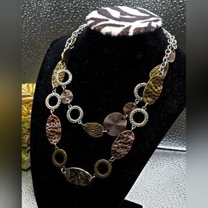 "5/$25" Double Layer Tri Tone Hammered Disc Adjustable Necklace